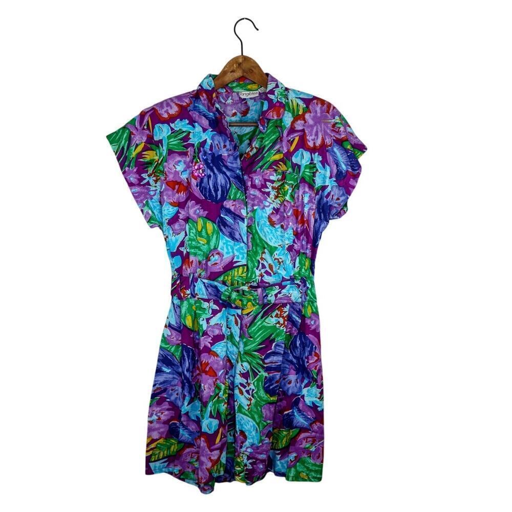 Vintage 80s Tangibles Shorts Romper Tropical Print Belted Beach Summer